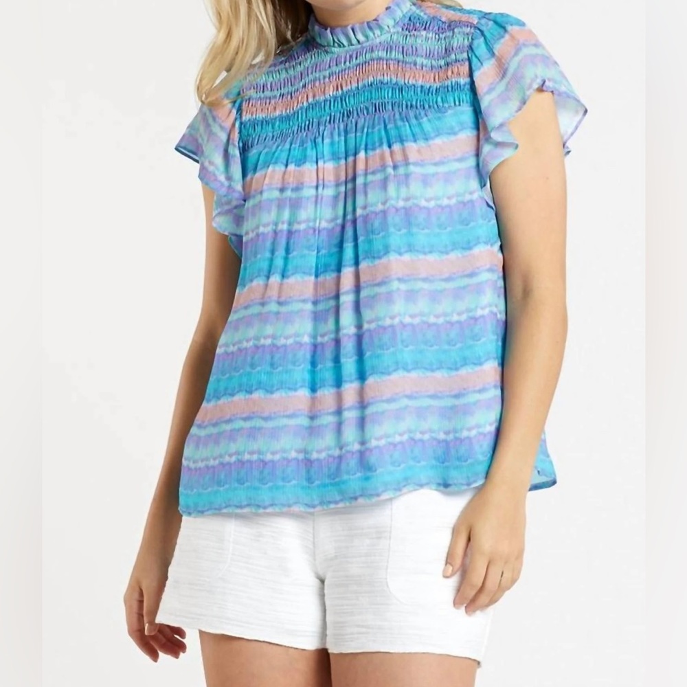 Marie Oliver Silk Smocked Flutter Sleeve Sami Blouse